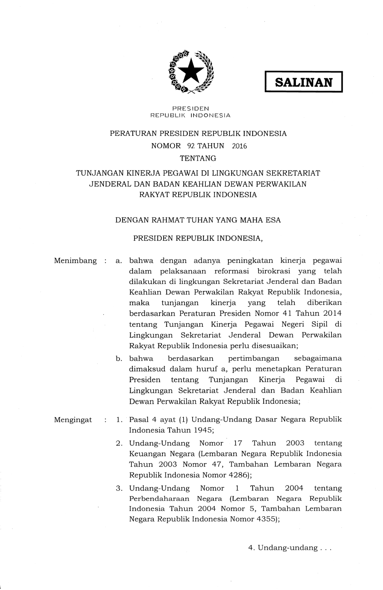 Peraturan Presiden Nomor 92 Tahun 2016