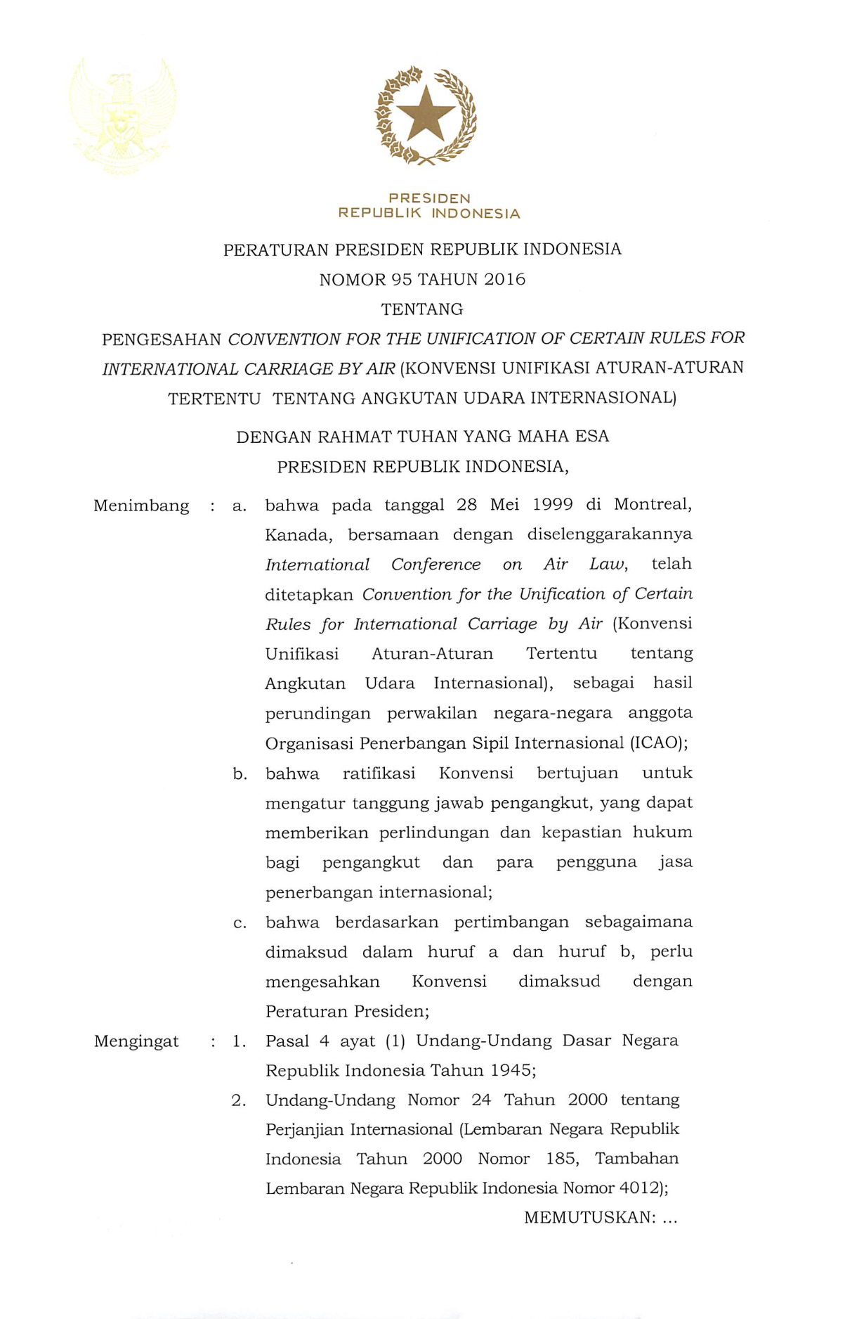 Peraturan Presiden Nomor 95 Tahun 2016