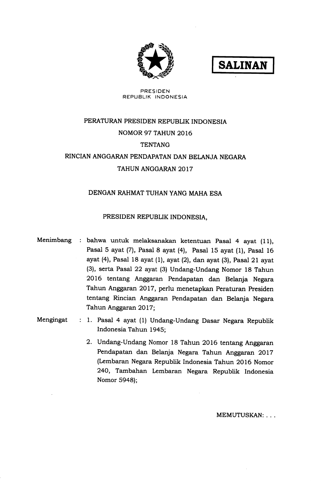 Peraturan Presiden Nomor 97 Tahun 2016