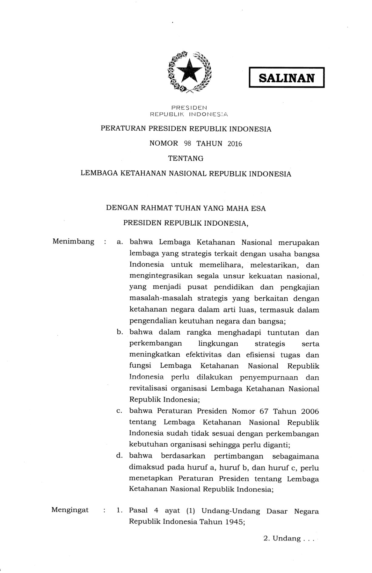 Peraturan Presiden Nomor 98 Tahun 2016