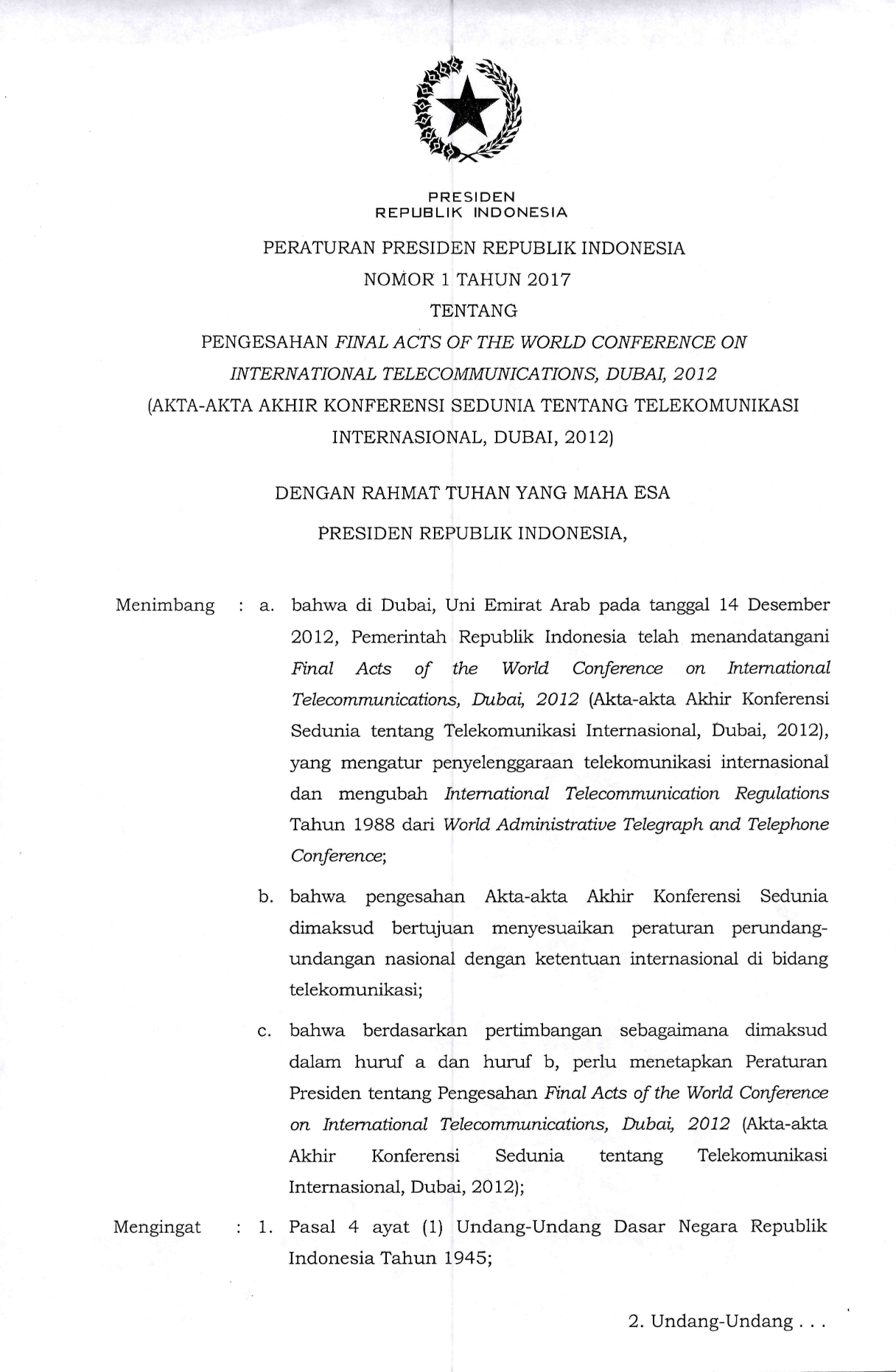 Peraturan Presiden Nomor 1 Tahun 2017
