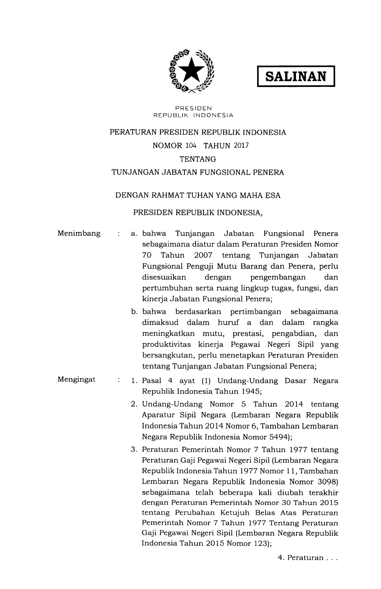 Peraturan Presiden Nomor 104 Tahun 2017