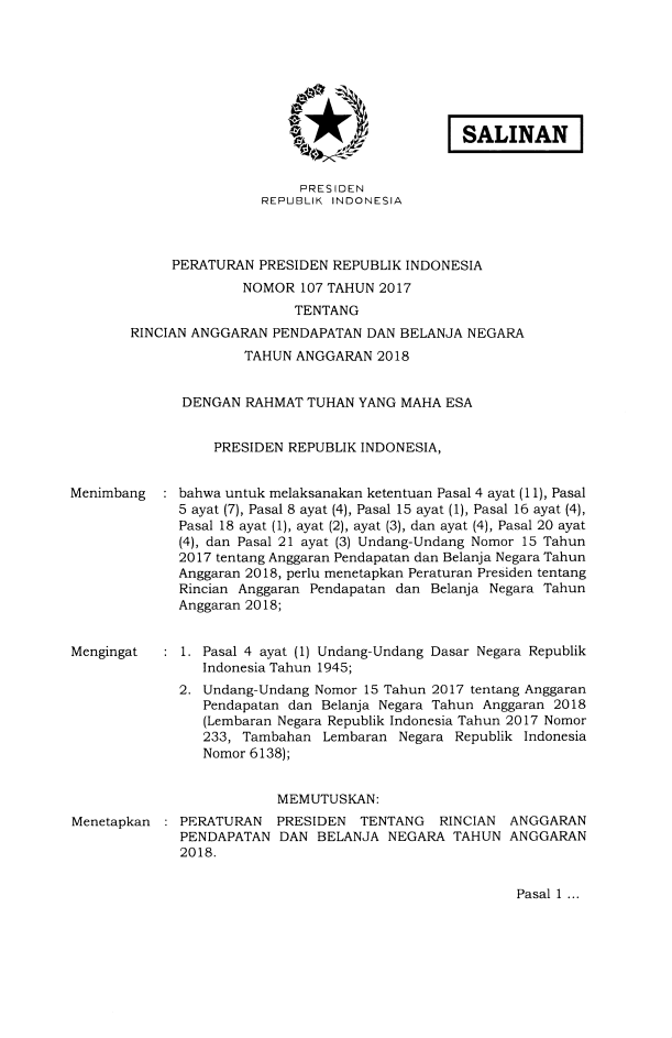 Peraturan Presiden Nomor 107 Tahun 2017