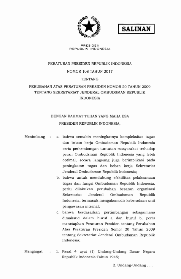 Peraturan Presiden Nomor 108 Tahun 2017