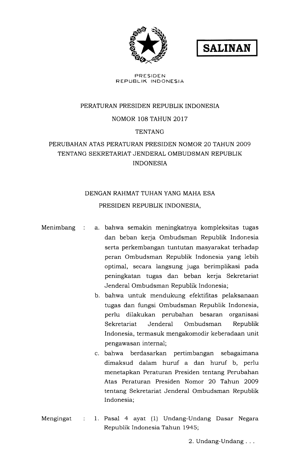 Peraturan Presiden Nomor 108 Tahun 2017