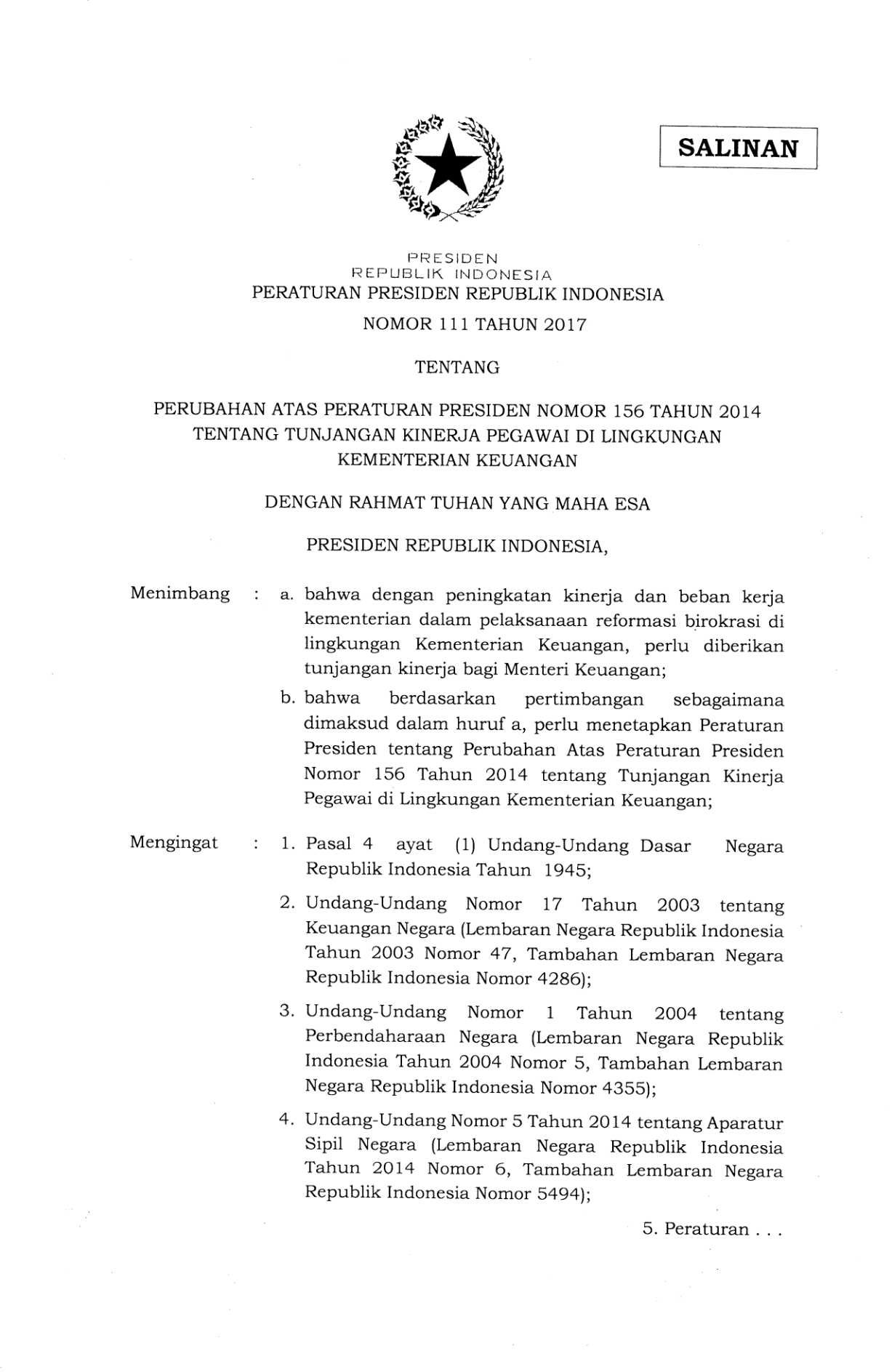 Peraturan Presiden Nomor 111 Tahun 2017