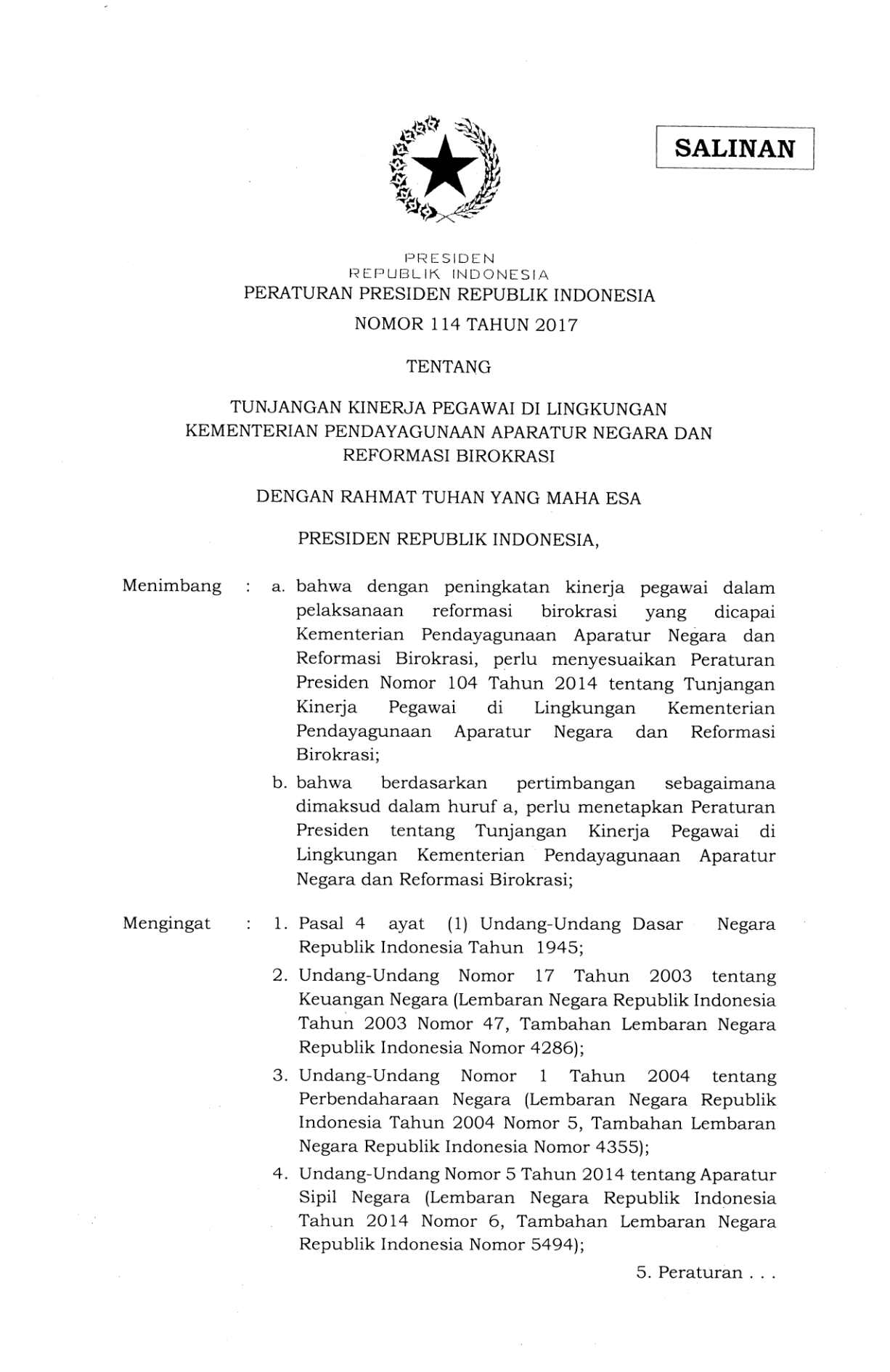 Peraturan Presiden Nomor 114 Tahun 2017