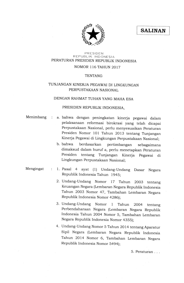 Peraturan Presiden Nomor 116 Tahun 2017