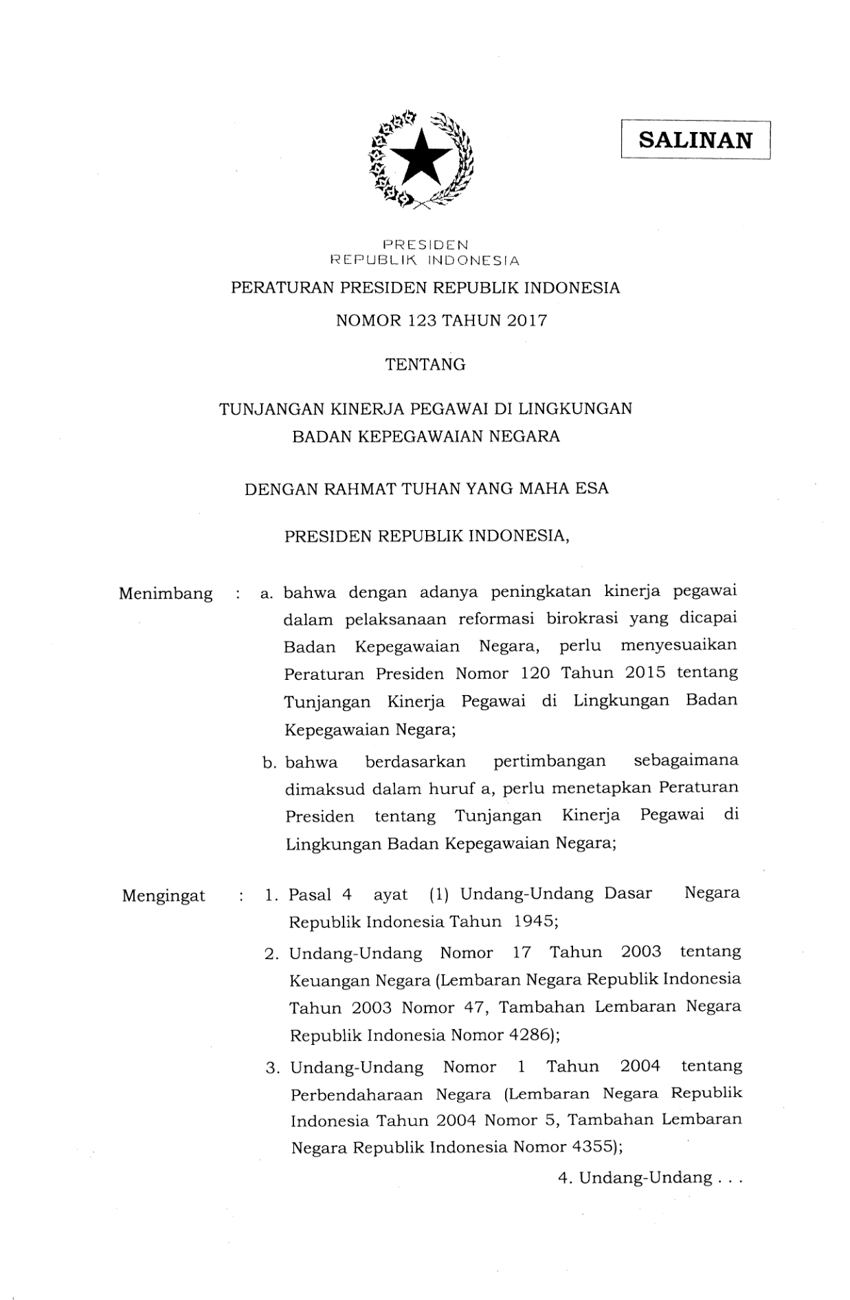 Peraturan Presiden Nomor 123 Tahun 2017