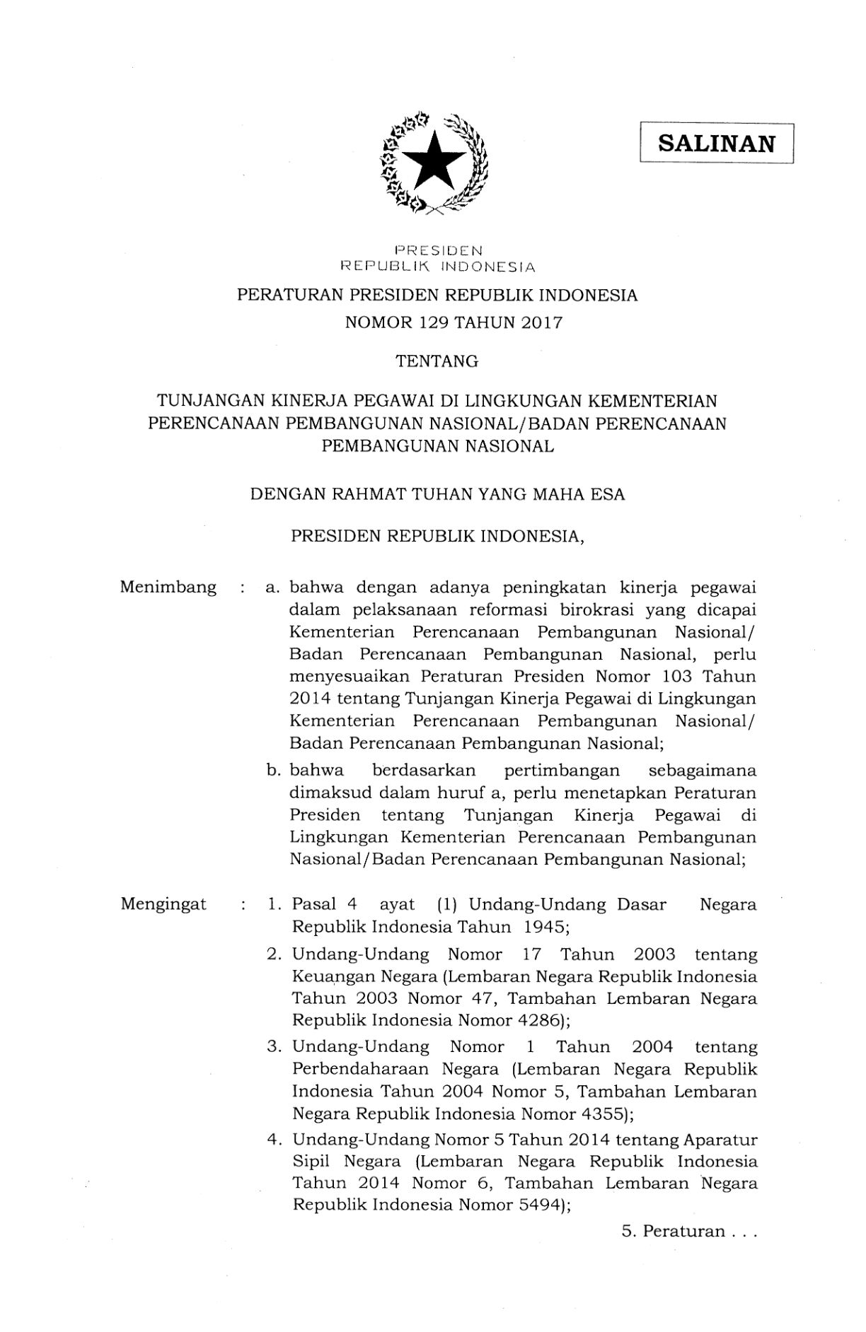 Peraturan Presiden Nomor 129 Tahun 2017