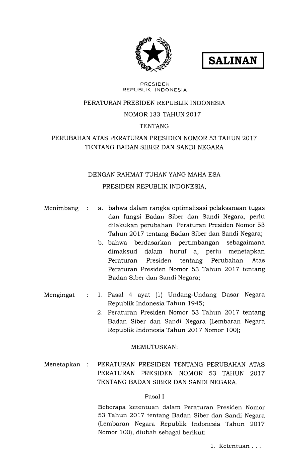 Peraturan Presiden Nomor 133 Tahun 2017
