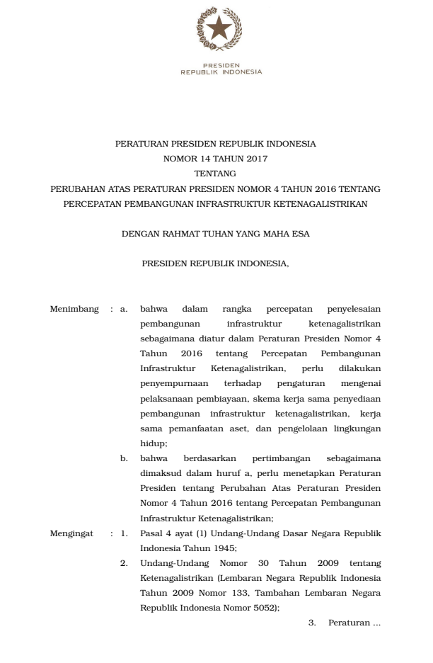 Peraturan Presiden Nomor 14 Tahun 2017