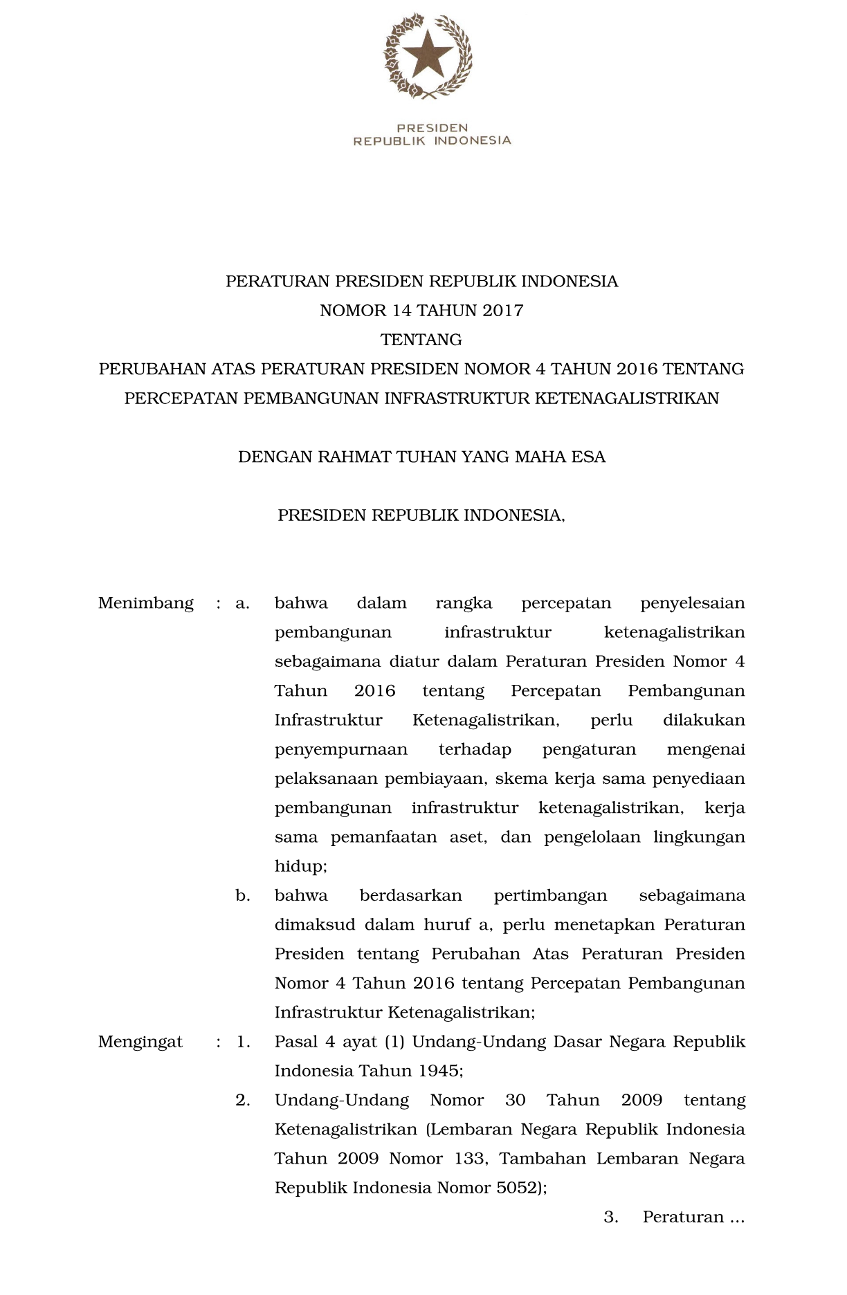 Peraturan Presiden Nomor 14 Tahun 2017