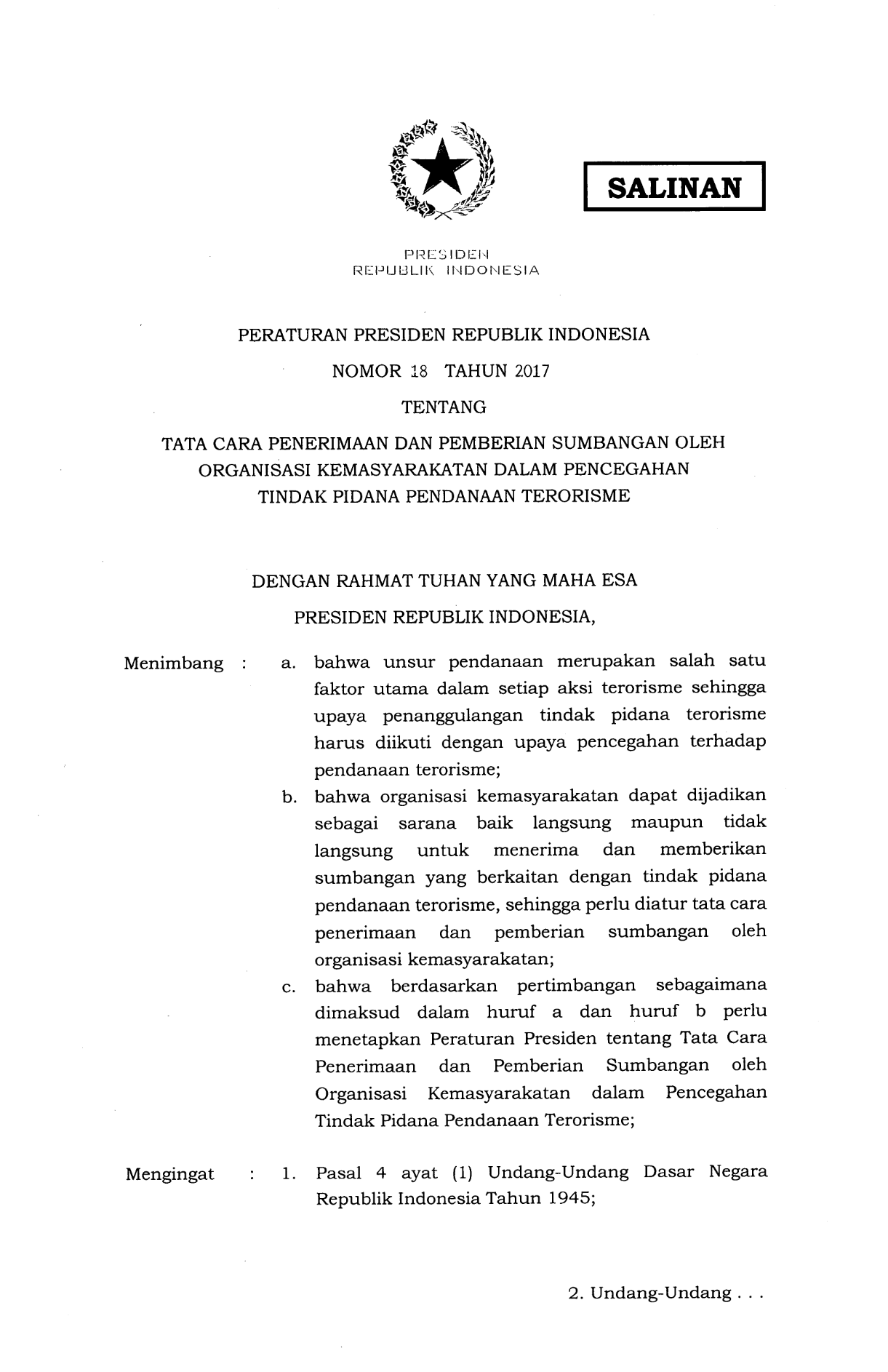 Peraturan Presiden Nomor 18 Tahun 2017