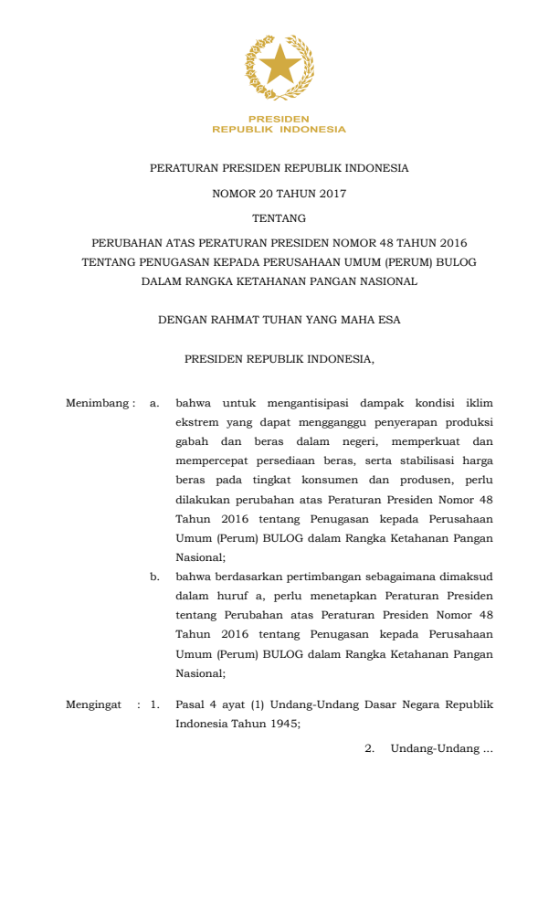 Peraturan Presiden Nomor 20 Tahun 2017