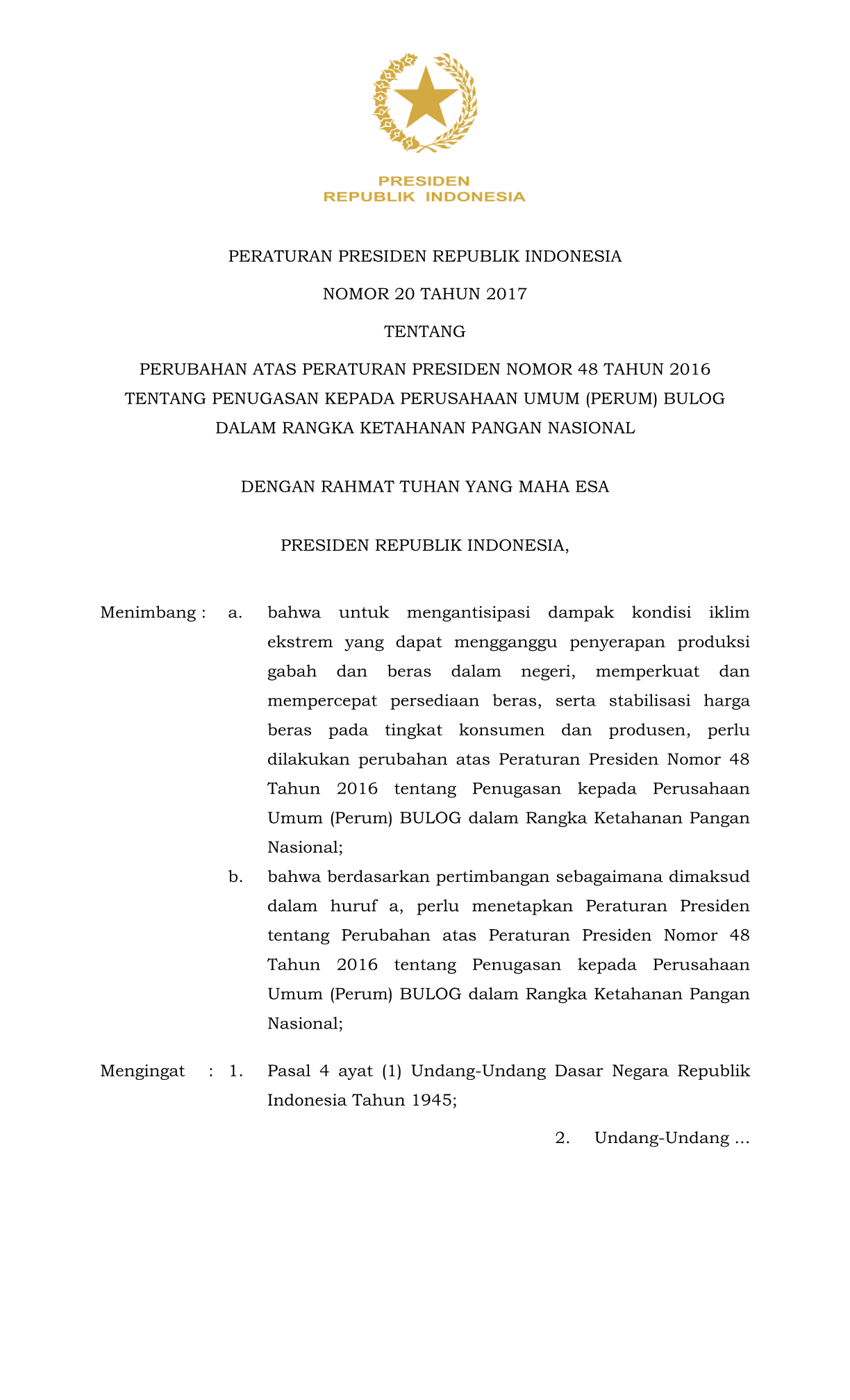 Peraturan Presiden Nomor 20 Tahun 2017