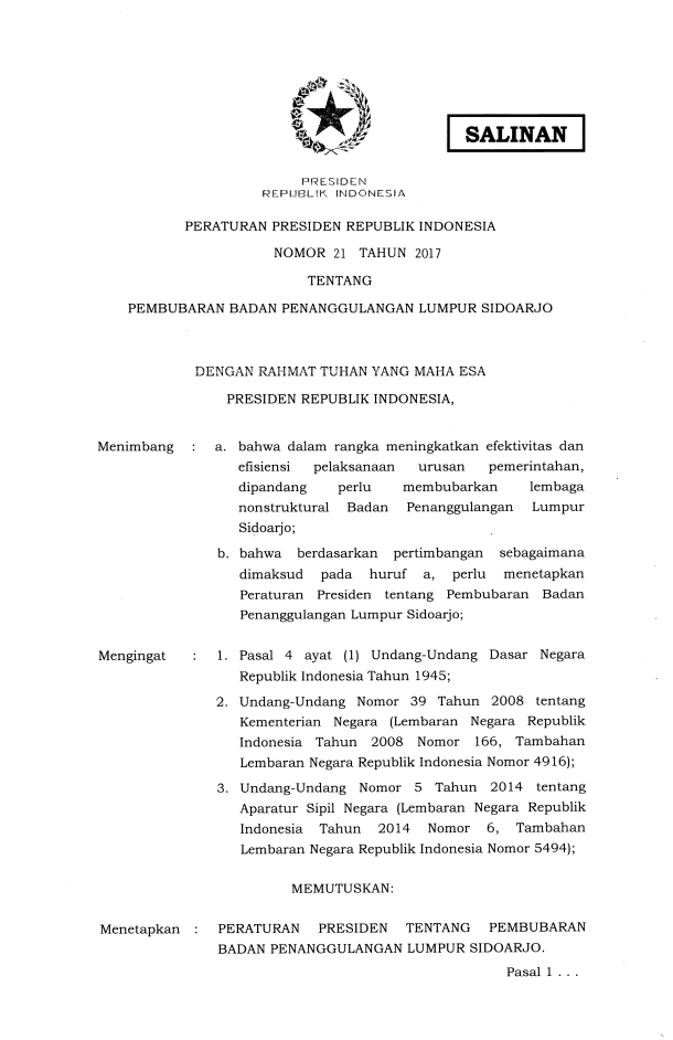 Peraturan Presiden Nomor 21 Tahun 2017