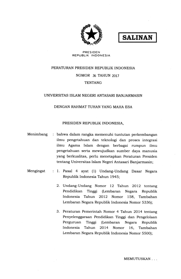 Peraturan Presiden Nomor 36 Tahun 2017