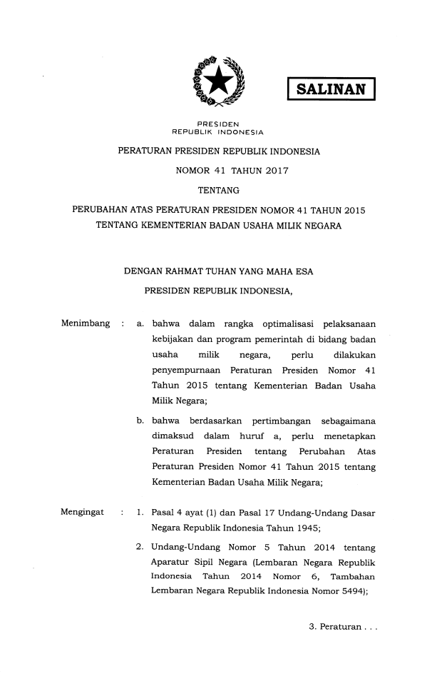 Peraturan Presiden Nomor 41 Tahun 2017