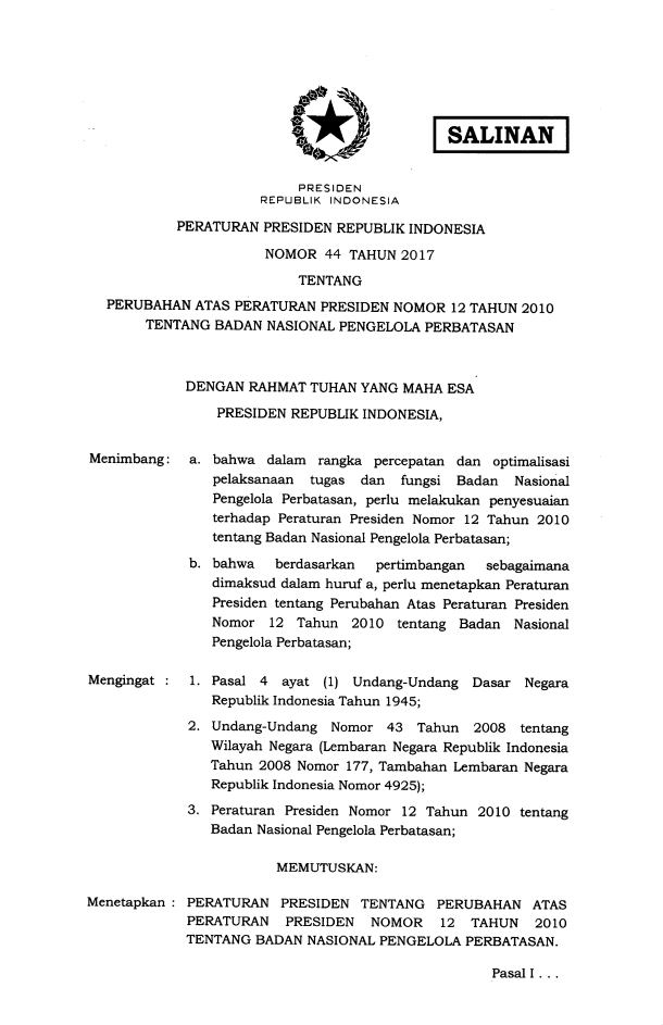 Peraturan Presiden Nomor 44 Tahun 2017