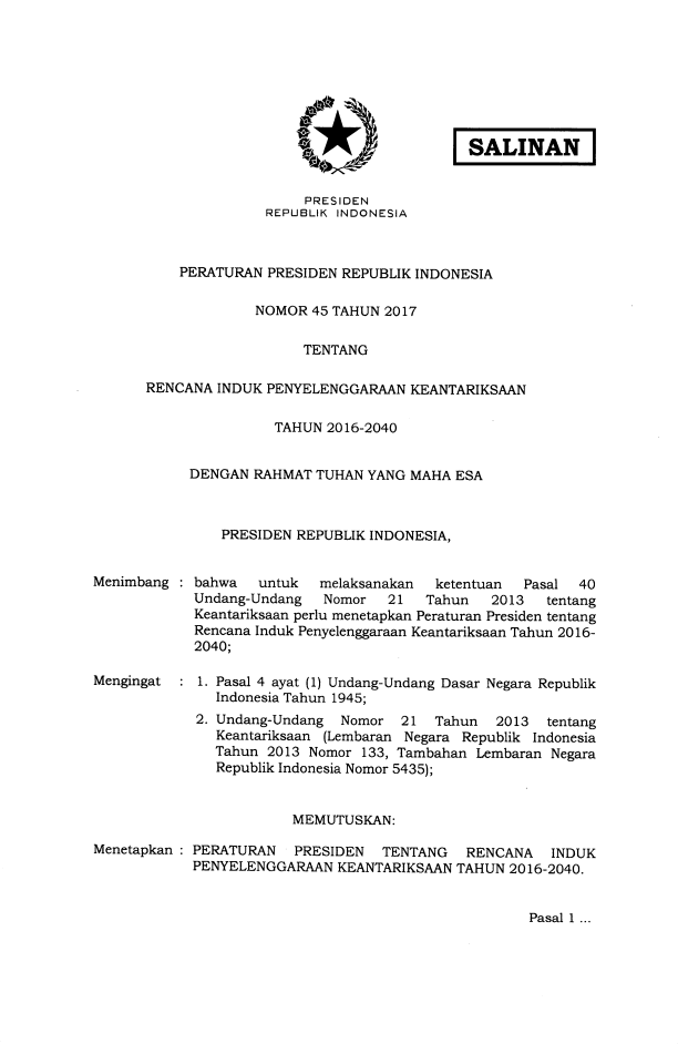 Peraturan Presiden Nomor 45 Tahun 2017