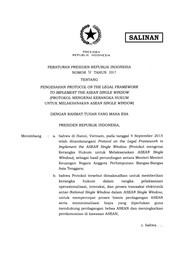 Peraturan Presiden Nomor 52 Tahun 2017