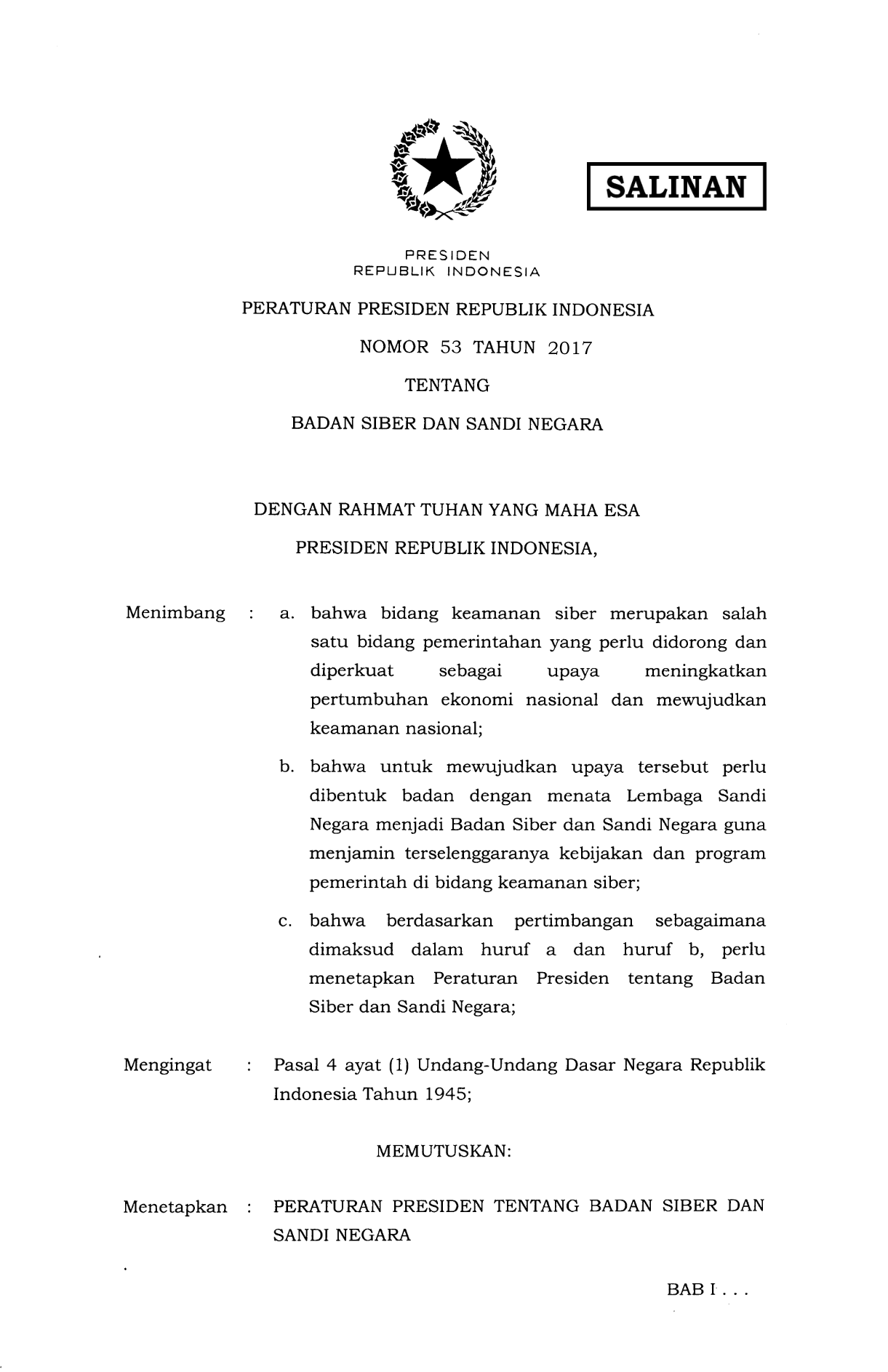 Peraturan Presiden Nomor 53 Tahun 2017