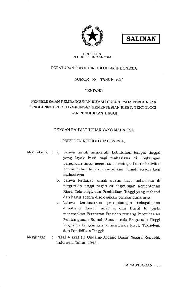 Peraturan Presiden Nomor 55 Tahun 2017