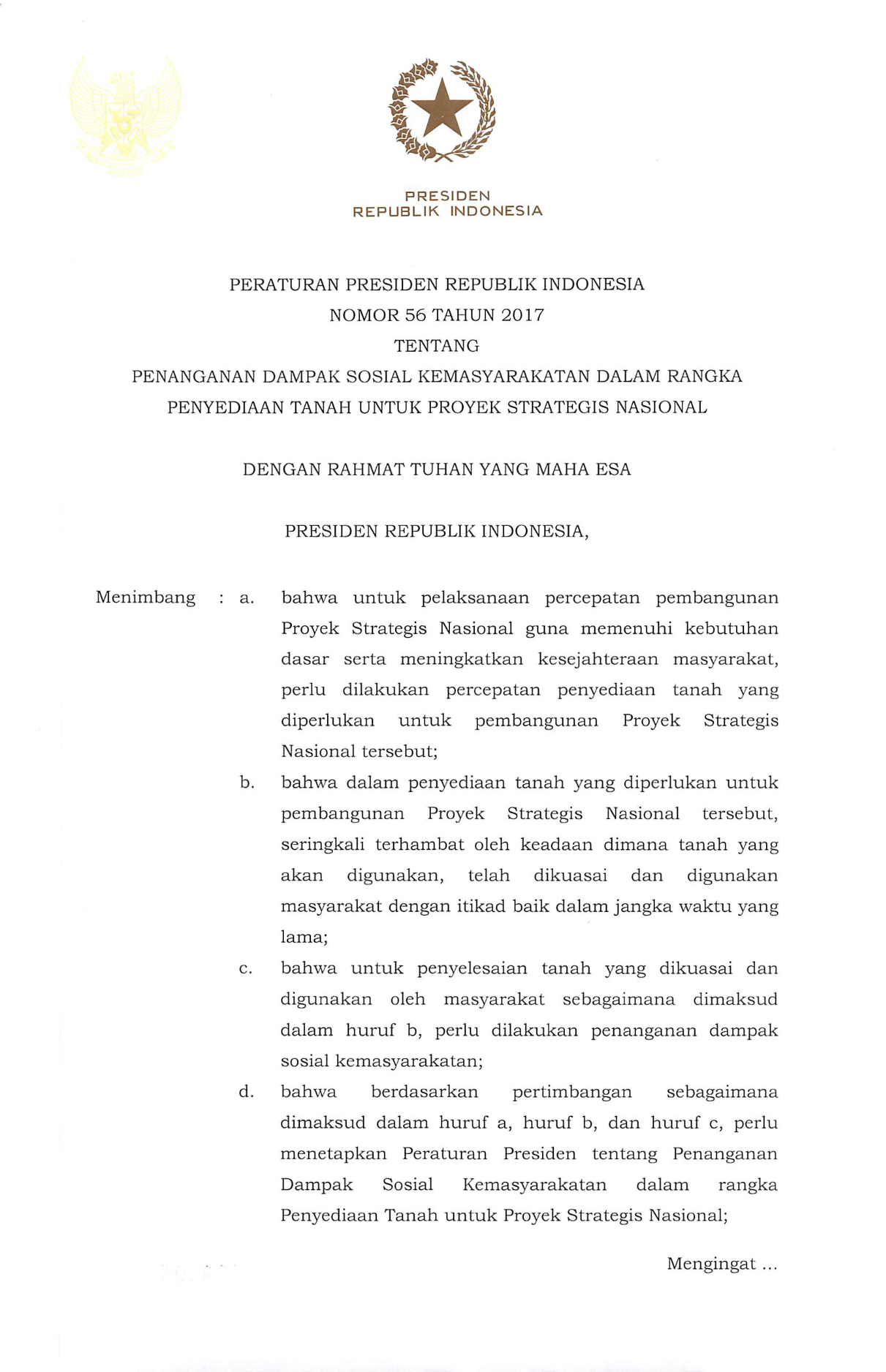 Peraturan Presiden Nomor 56 Tahun 2017