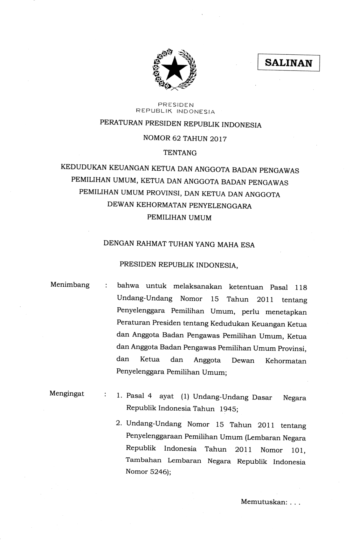 Peraturan Presiden Nomor 62 Tahun 2017