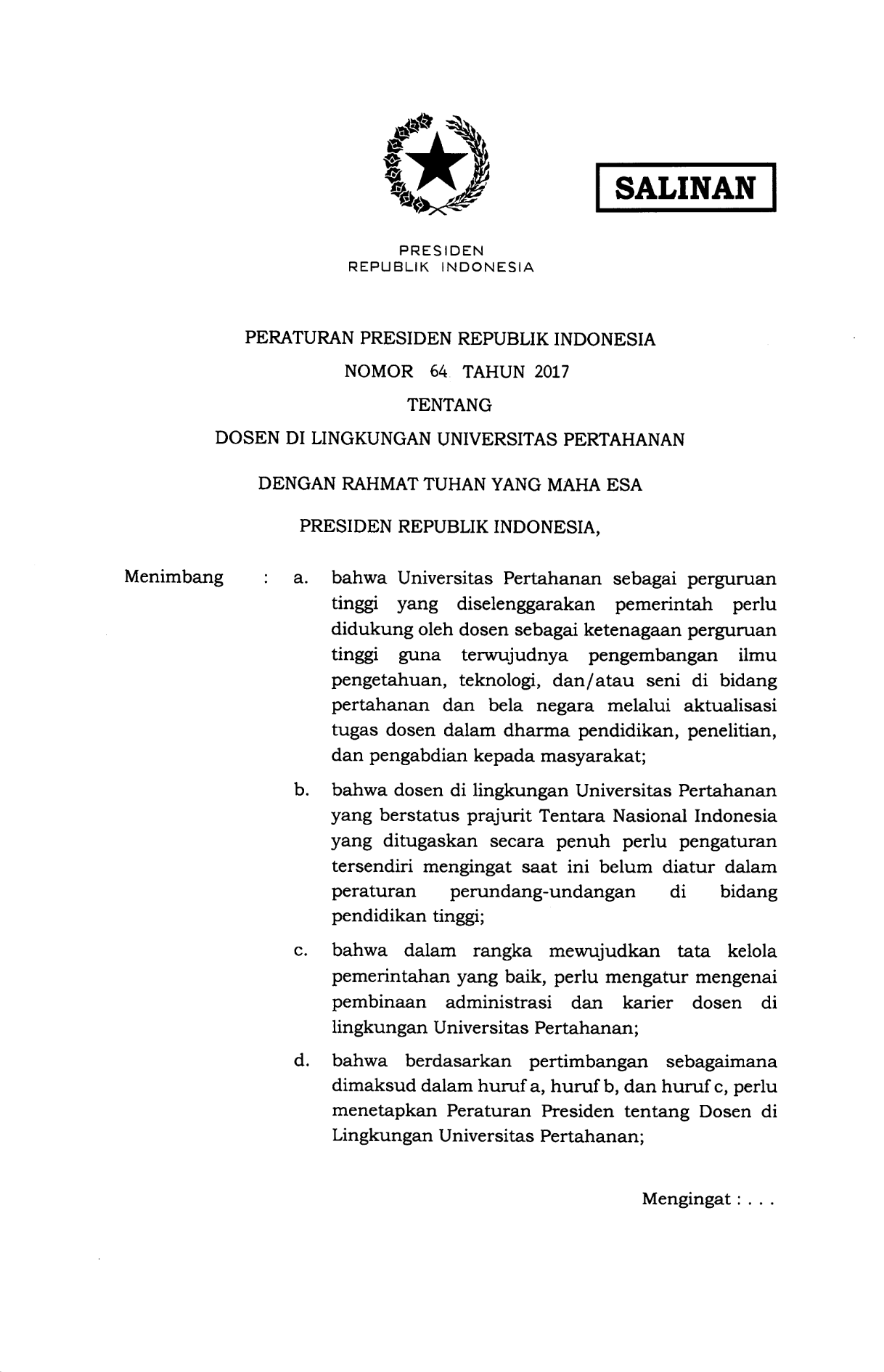 Peraturan Presiden Nomor 64 Tahun 2017