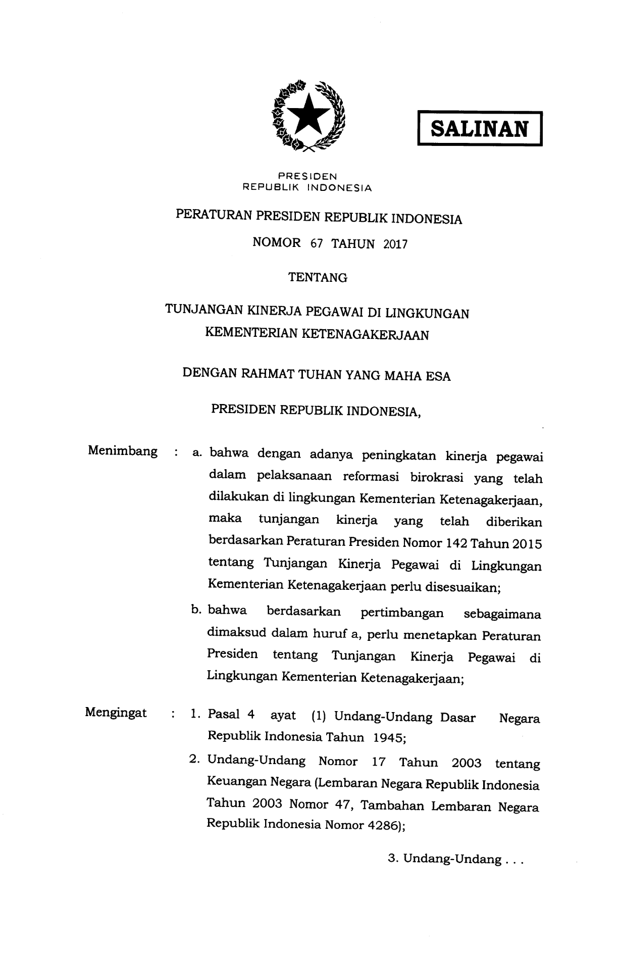 Peraturan Presiden Nomor 67 Tahun 2017