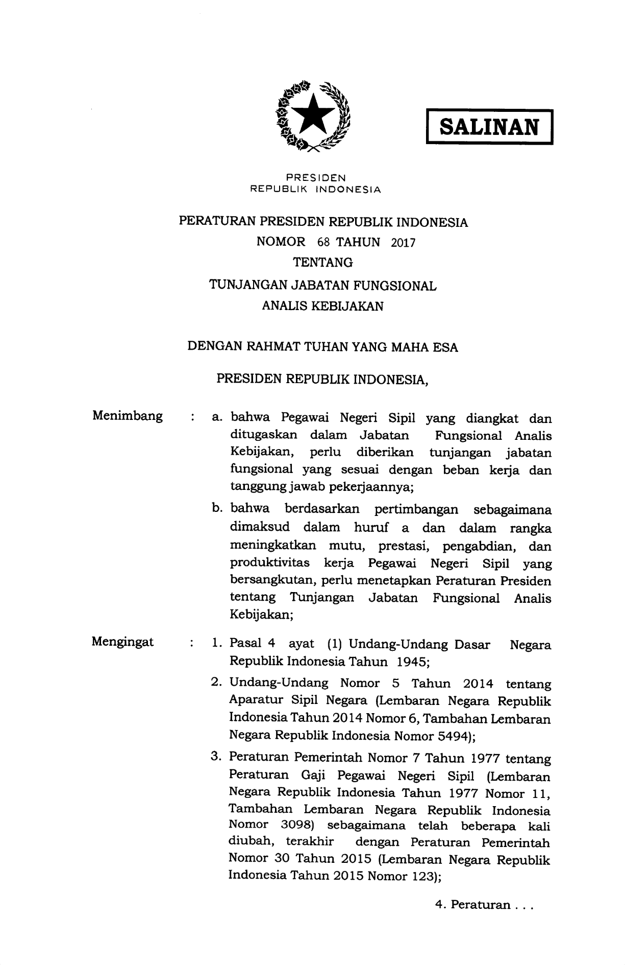 Peraturan Presiden Nomor 68 Tahun 2017