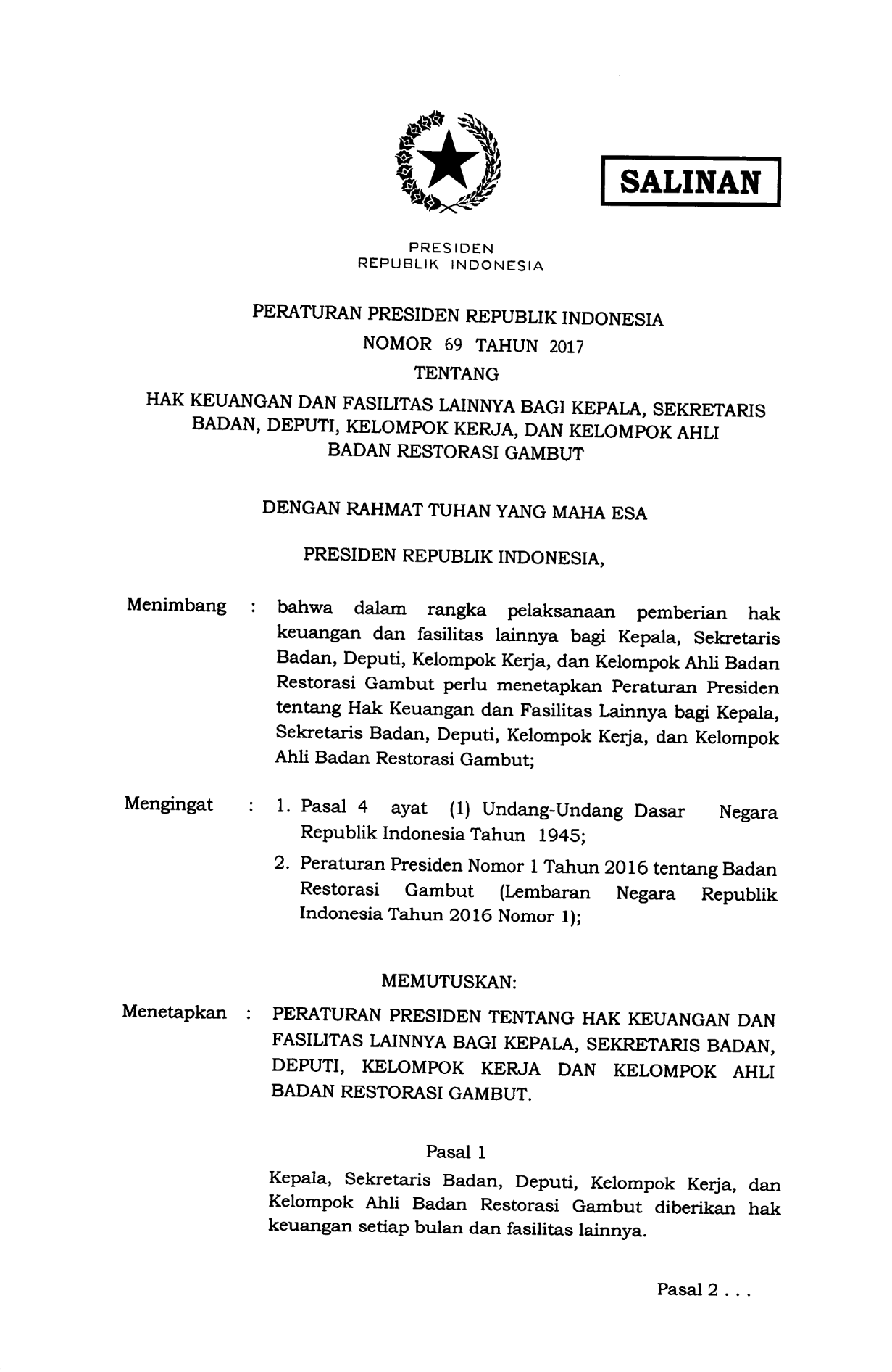 Peraturan Presiden Nomor 69 Tahun 2017
