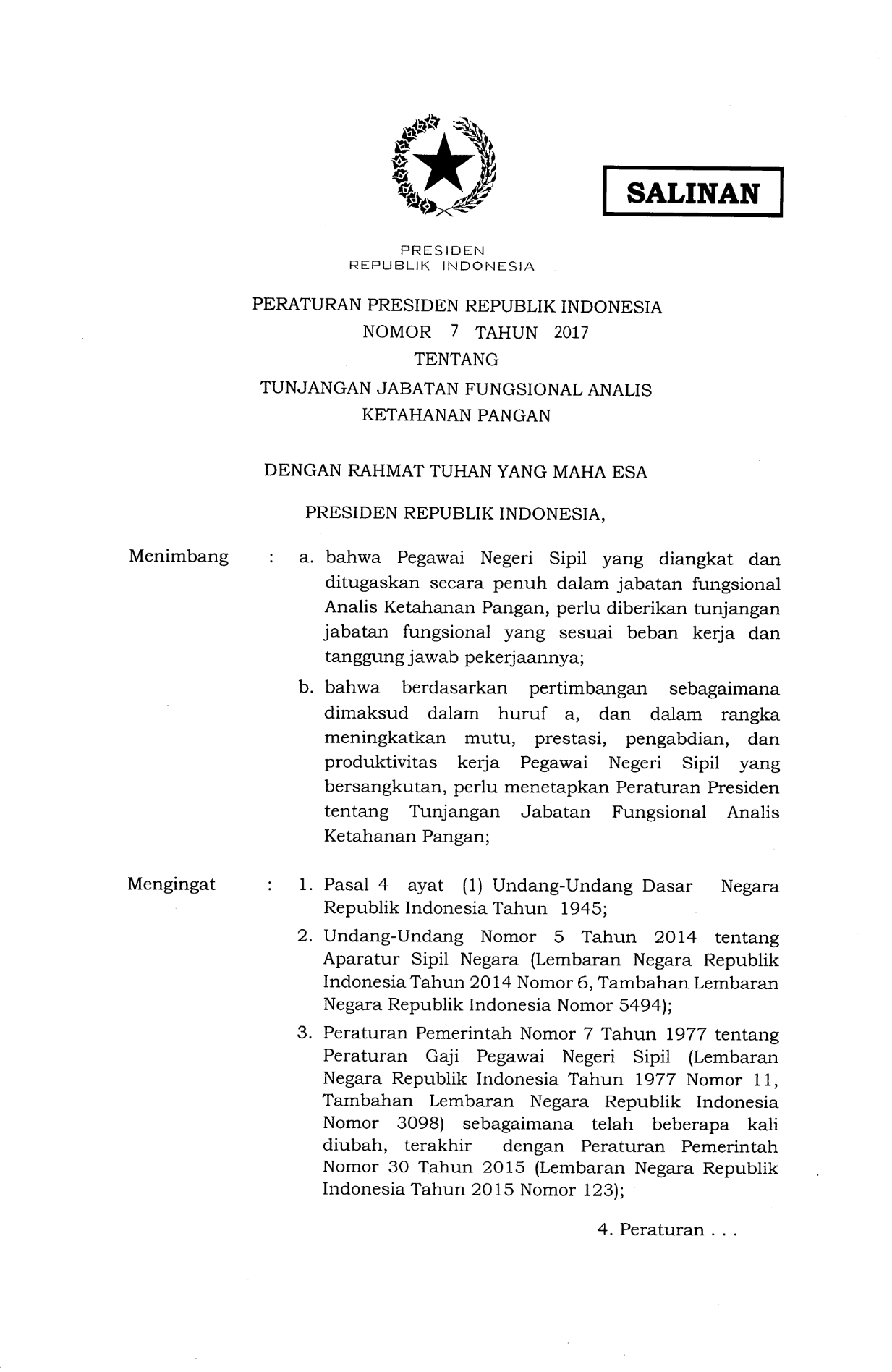 Peraturan Presiden Nomor 7 Tahun 2017