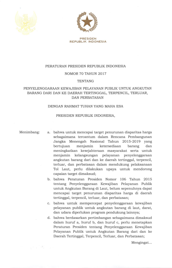 Peraturan Presiden Nomor 70 Tahun 2017