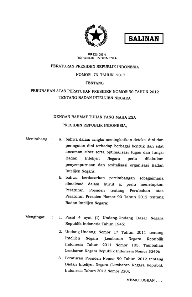 Peraturan Presiden Nomor 73 Tahun 2017