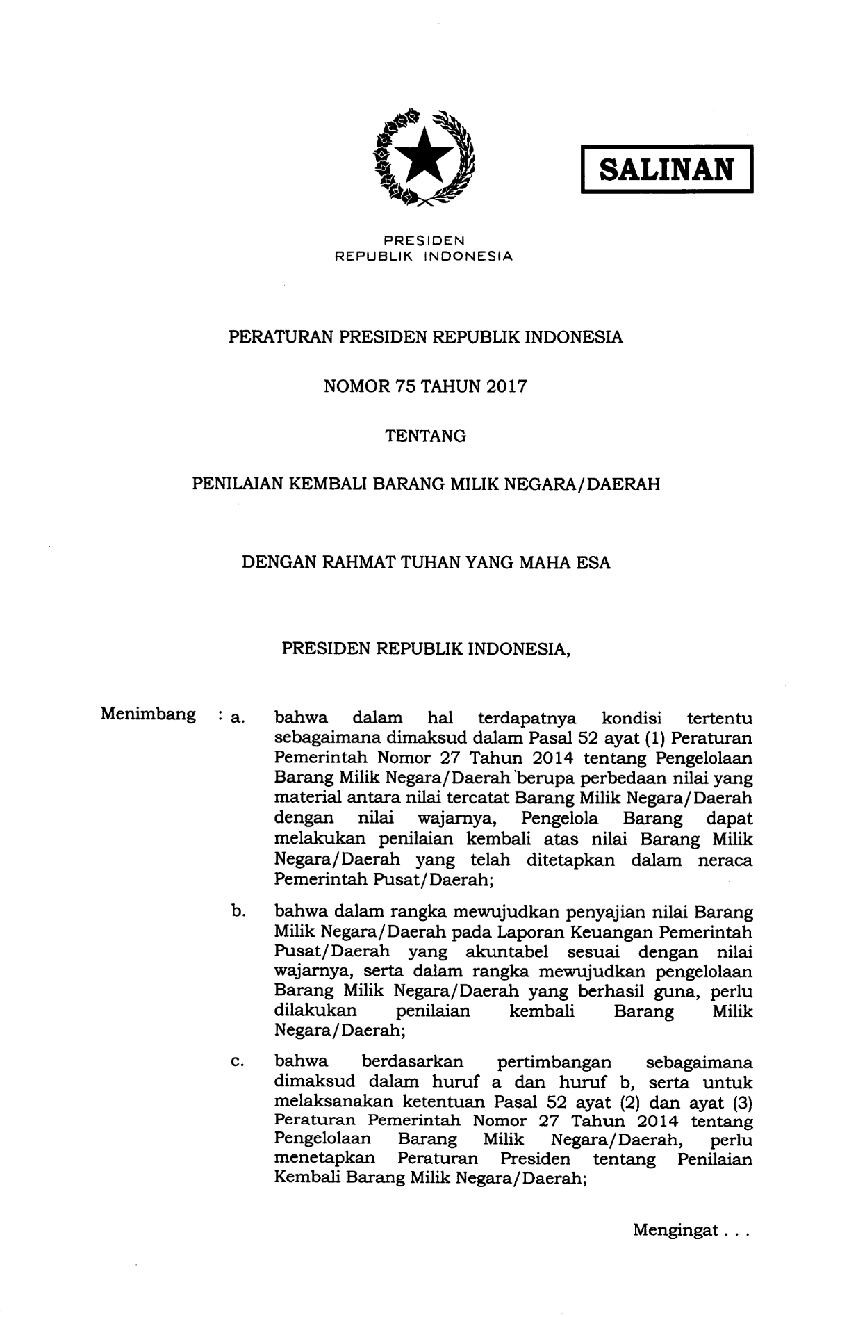 Peraturan Presiden Nomor 75 Tahun 2017