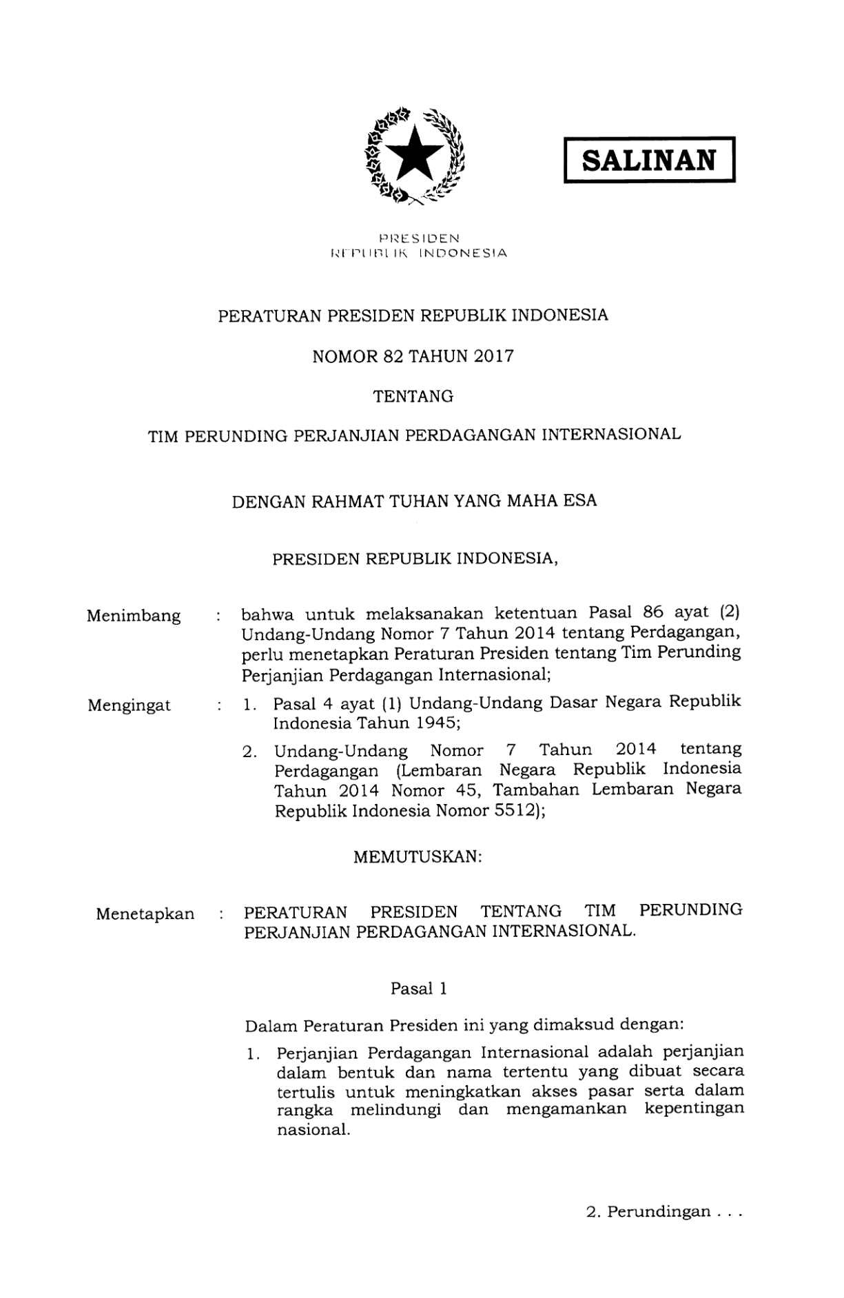 Peraturan Presiden Nomor 82 Tahun 2017