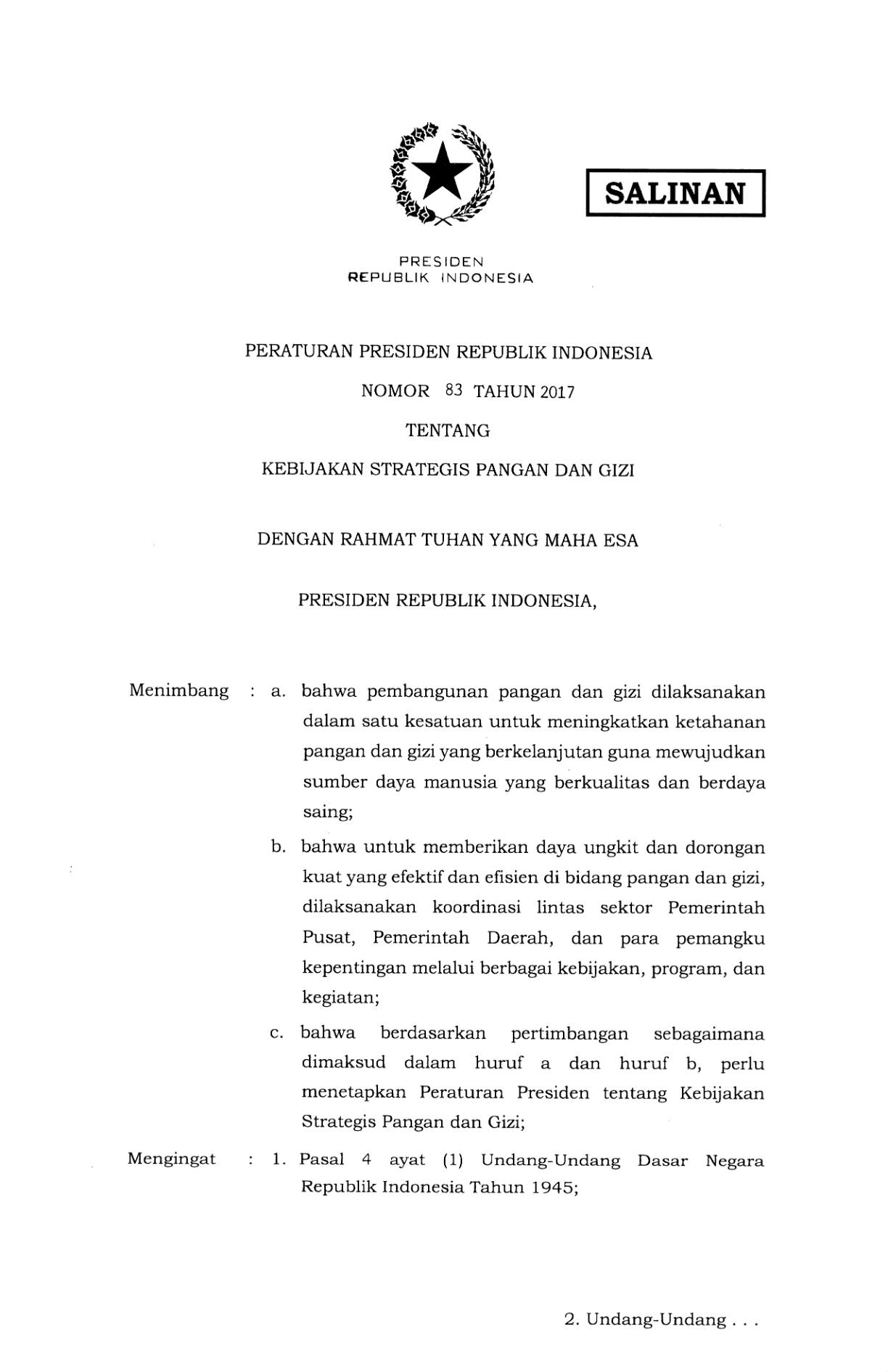 Peraturan Presiden Nomor 83 Tahun 2017
