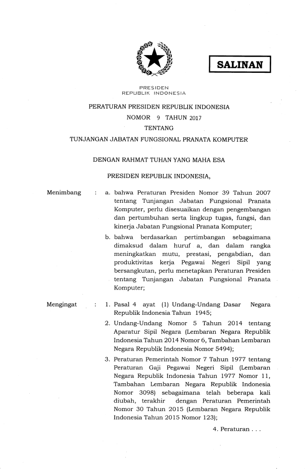 Peraturan Presiden Nomor 9 Tahun 2017