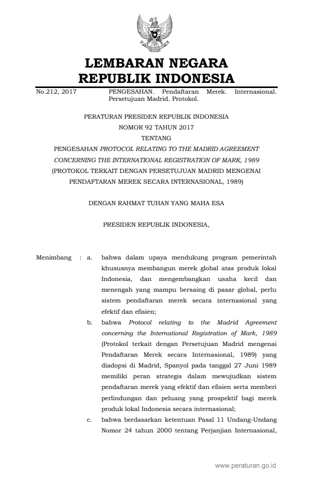 Peraturan Presiden Nomor 92 Tahun 2017