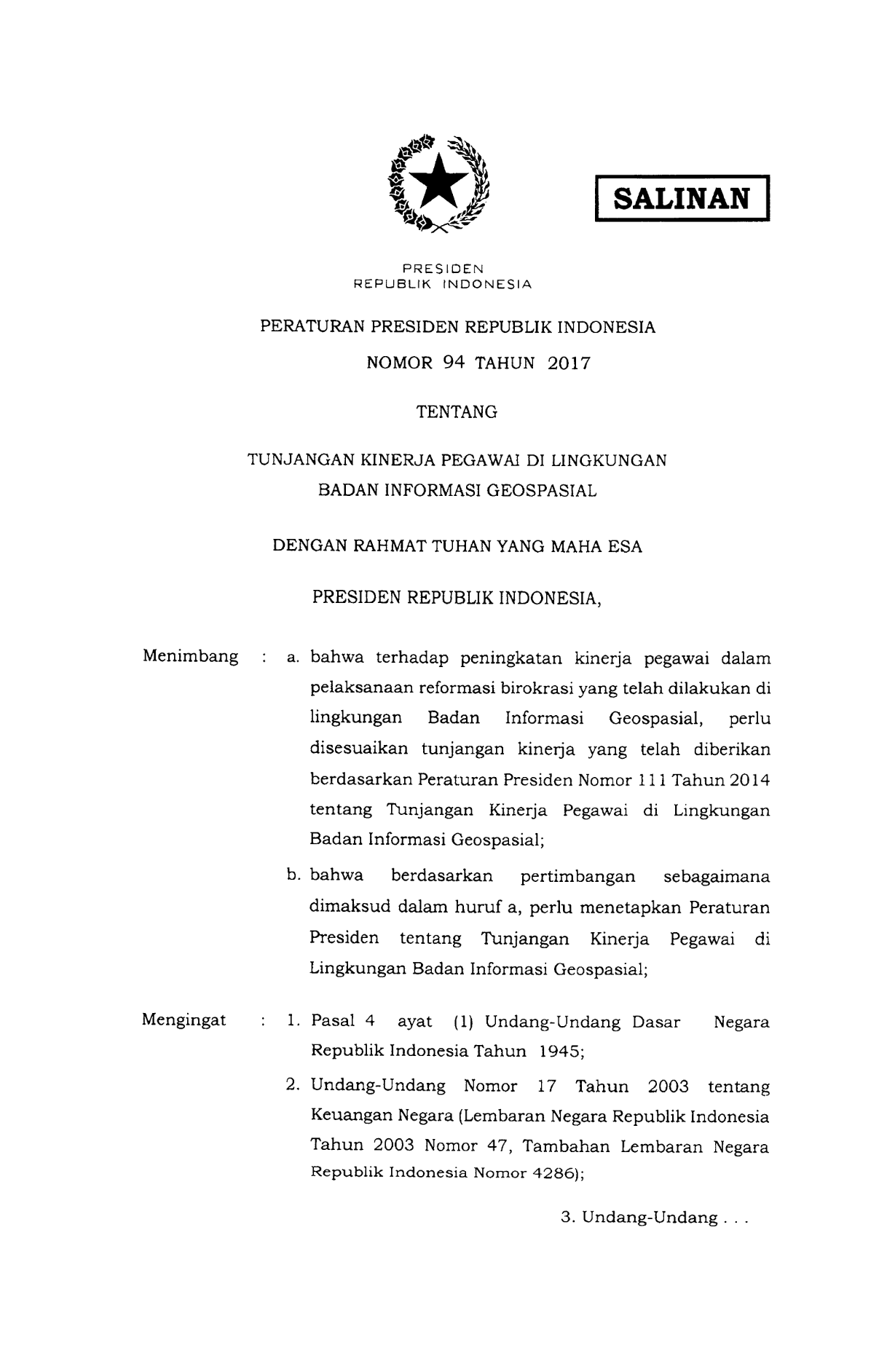 Peraturan Presiden Nomor 94 Tahun 2017