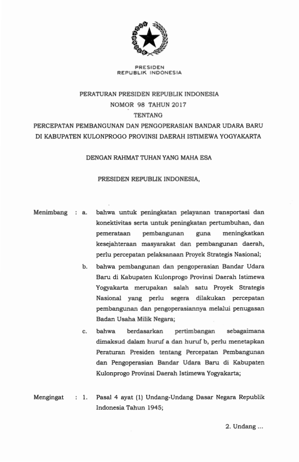 Peraturan Presiden Nomor 98 Tahun 2017