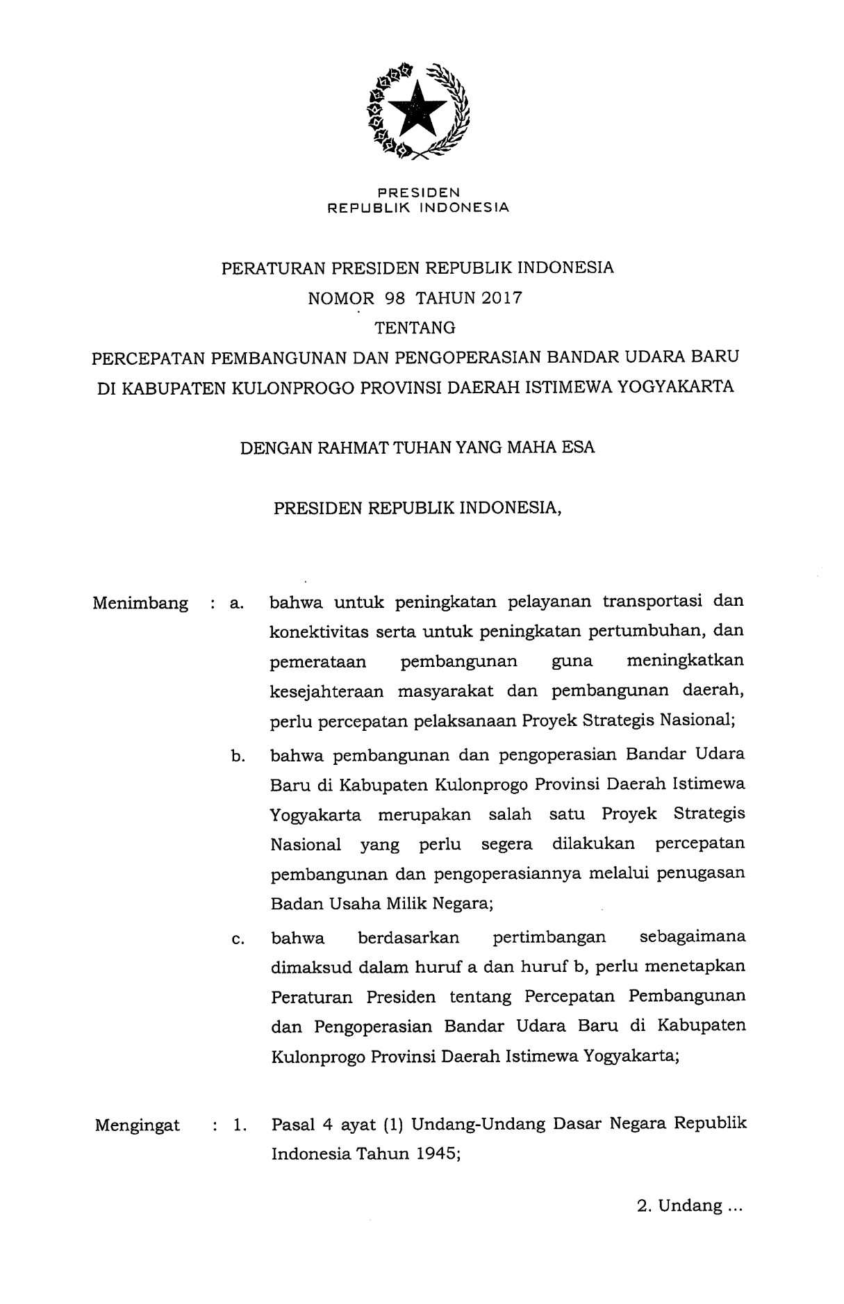Peraturan Presiden Nomor 98 Tahun 2017