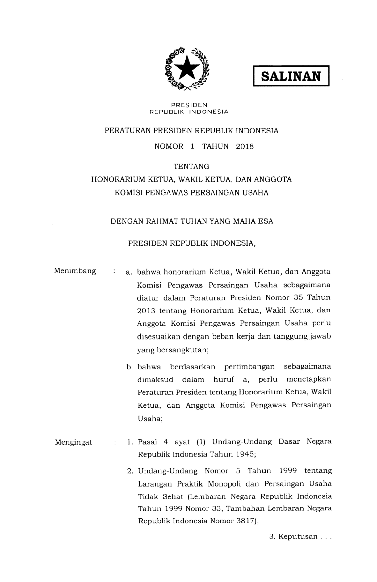 Peraturan Presiden Nomor 1 Tahun 2018
