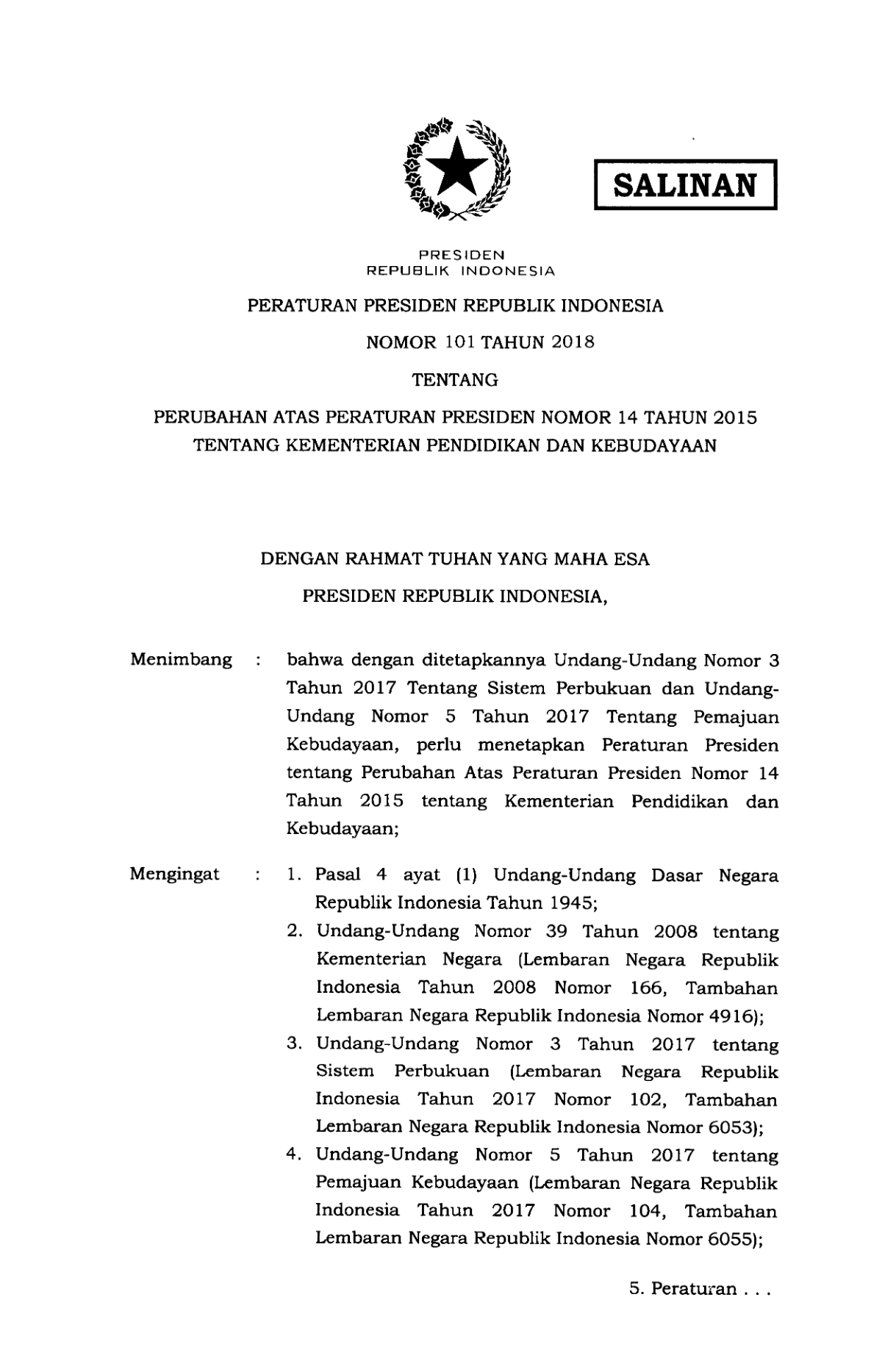 Peraturan Presiden Nomor 101 Tahun 2018