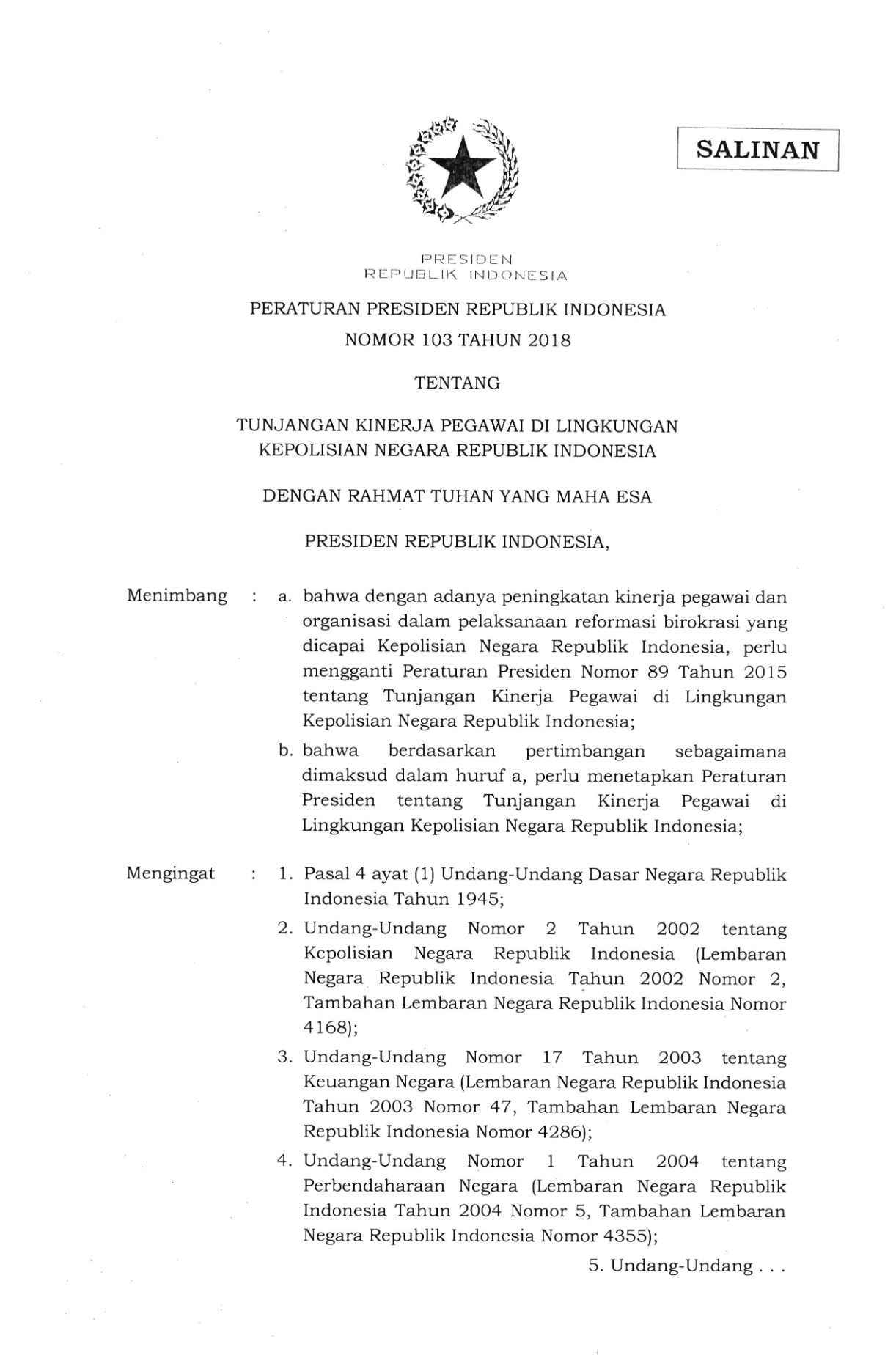 Peraturan Presiden Nomor 103 Tahun 2018