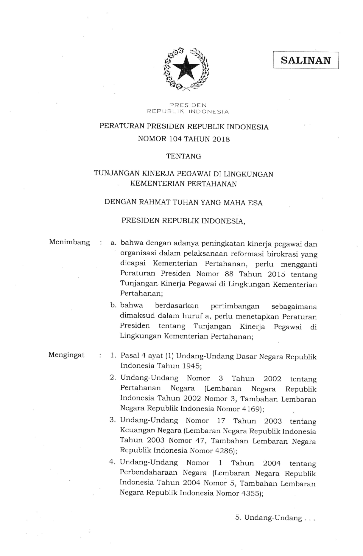 Peraturan Presiden Nomor 104 Tahun 2018