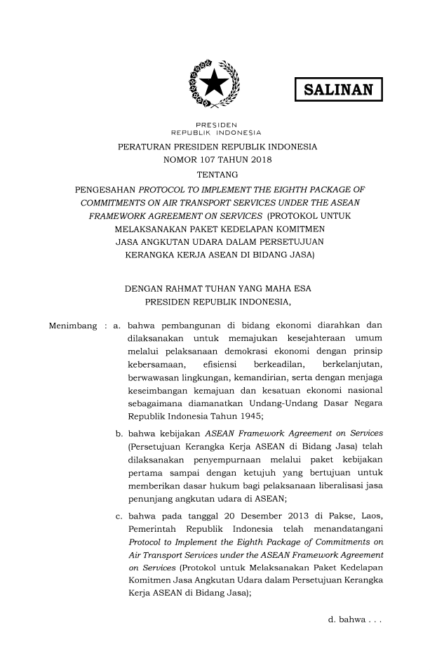 Peraturan Presiden Nomor 107 Tahun 2018